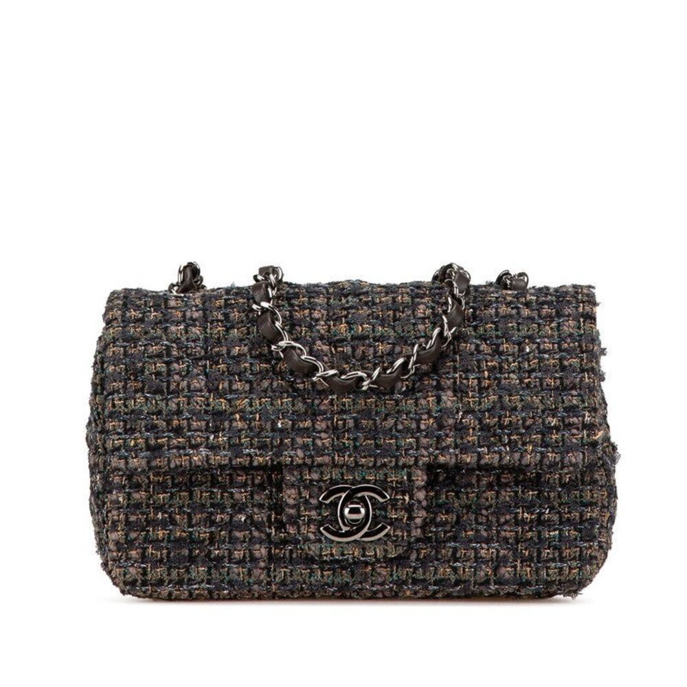 Chanel Mini Matelasse 20 Coco Mark Tweed Leather Shoulder Bag Gray